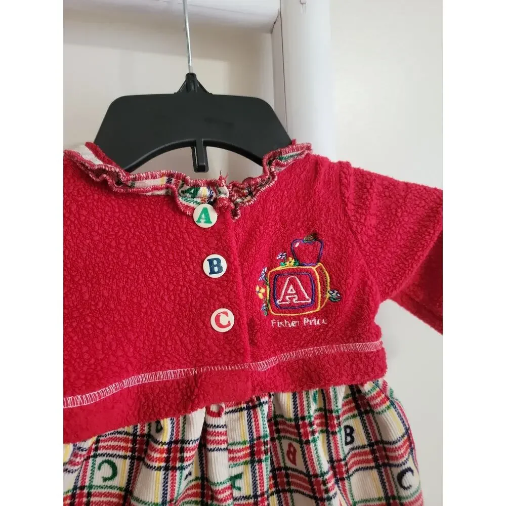 Vintage 90s Fisher-Price Baby ABC Plaid Romper Faux Red Cardigan Size 0-6 M